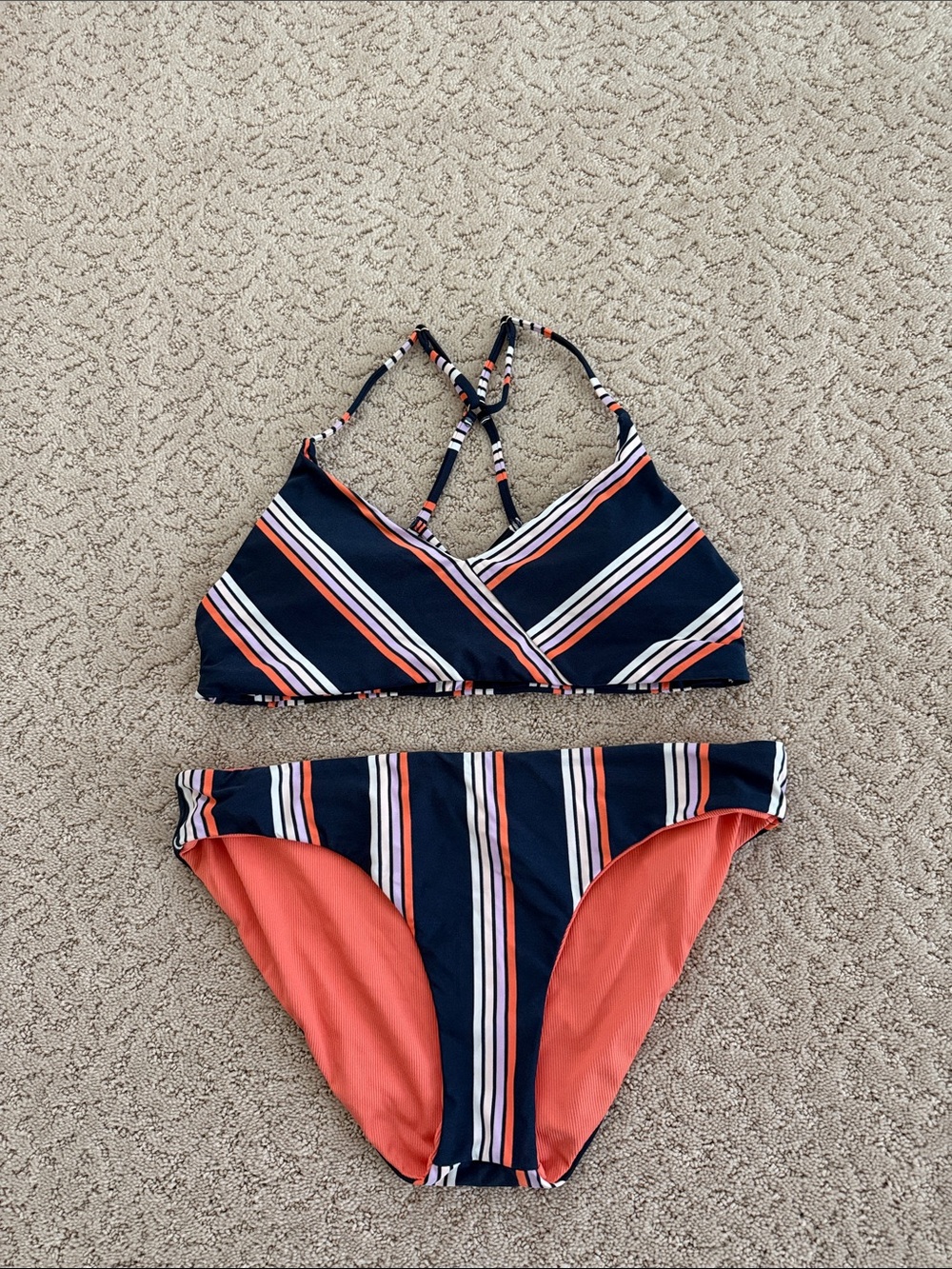 Carve Designs Navy, White & Coral Striped Bikini Set
